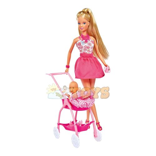 Steffi LOVE Steffi doll in pink dress and baby carriage 105733067