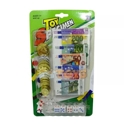 Role playing game Money Euro banknotes and coins with 5 dice