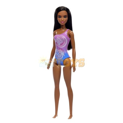 Barbie Beach Doll With Dark Brown Hair Wearing Tropical Purple Swimsuit HXX49