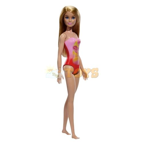 Barbie Beach Doll With Blond Hair Wearing Pink Palm Tree-Print Swimsuit HXX48