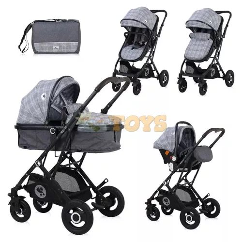 Lorelli Sena 3-in-1 Baby Stroller, convertible carrycot, included car seat, aluminum frame, Grey Squared